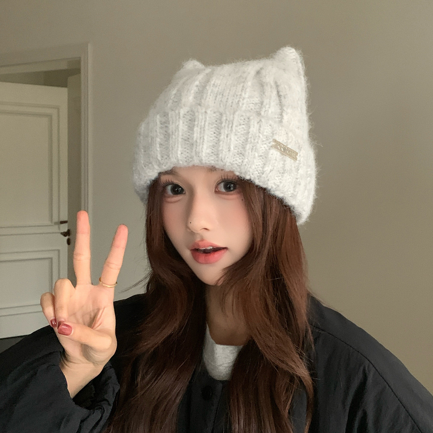 可爱猫耳朵帽子女冬2025款秋冬大头围显脸小羊毛混纺针织毛线冷帽