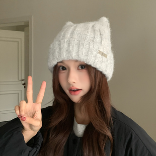 可爱猫耳朵帽子女冬2025款 秋冬大头围显脸小羊毛混纺针织毛线冷帽