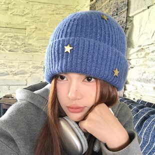帽子女款2025冬新款立体星星针织毛线帽女保暖堆堆包头帽翻边冷帽