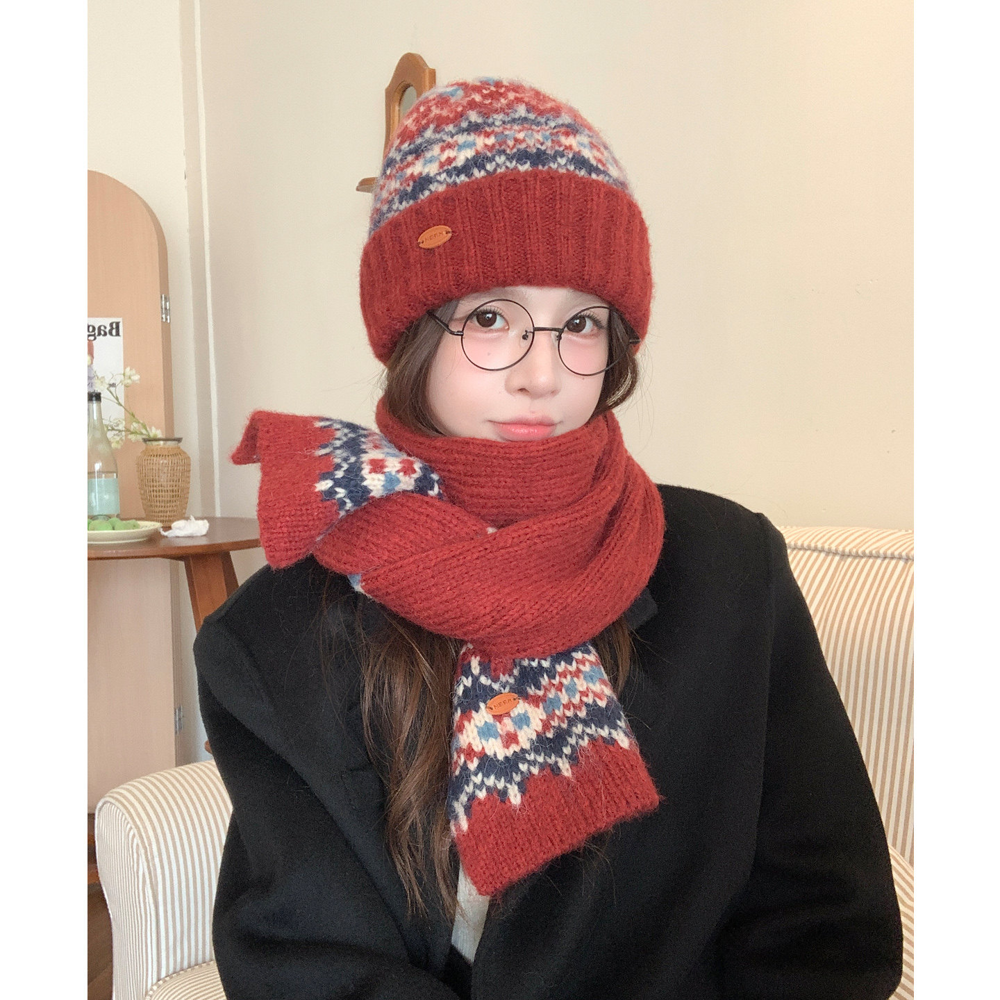 2025新款费尔岛风提花针织帽子围巾两件套一体女秋冬护耳帽显脸小,服饰配件/皮带/帽子/围巾,帽子,淘宝优惠券,粉丝福利购,淘宝优惠卷