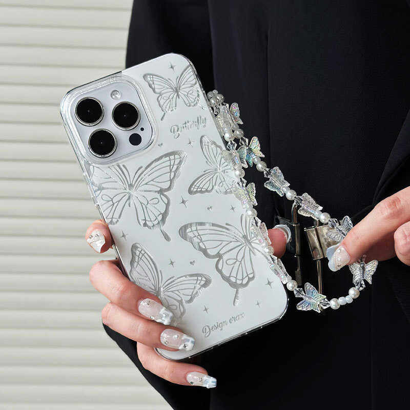 适用小众苹果15羽纱蝴蝶带挂绳