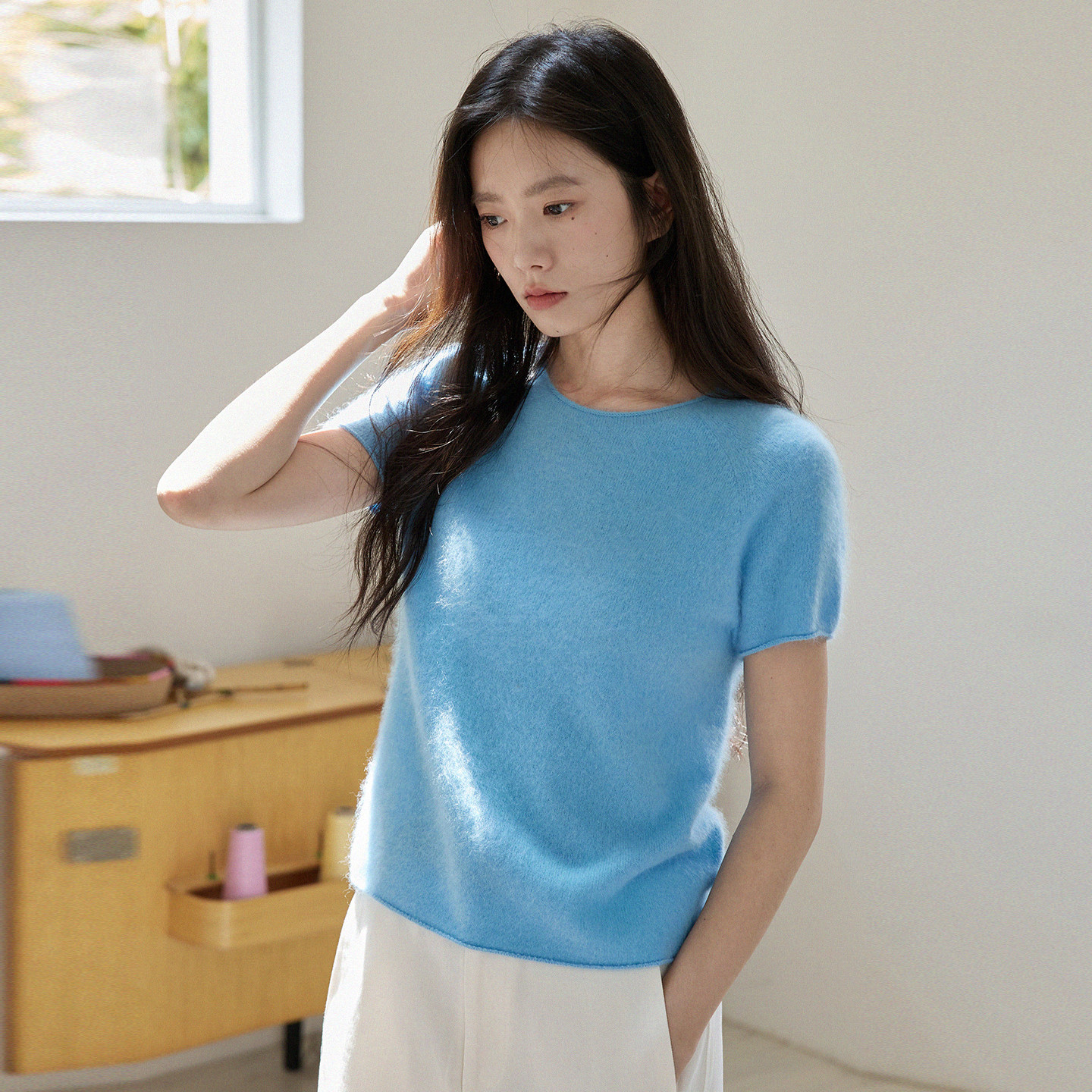 Ginnkee Simple Commuter Wool Cashmere Brushed Sweater Women's Autumn Short-Sleeved Pullover Round Neck Knit Top