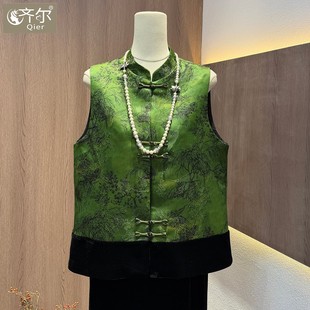 新中式国风马甲女款2026早春外穿唐装绿色百搭绸缎拼接丝绒马夹