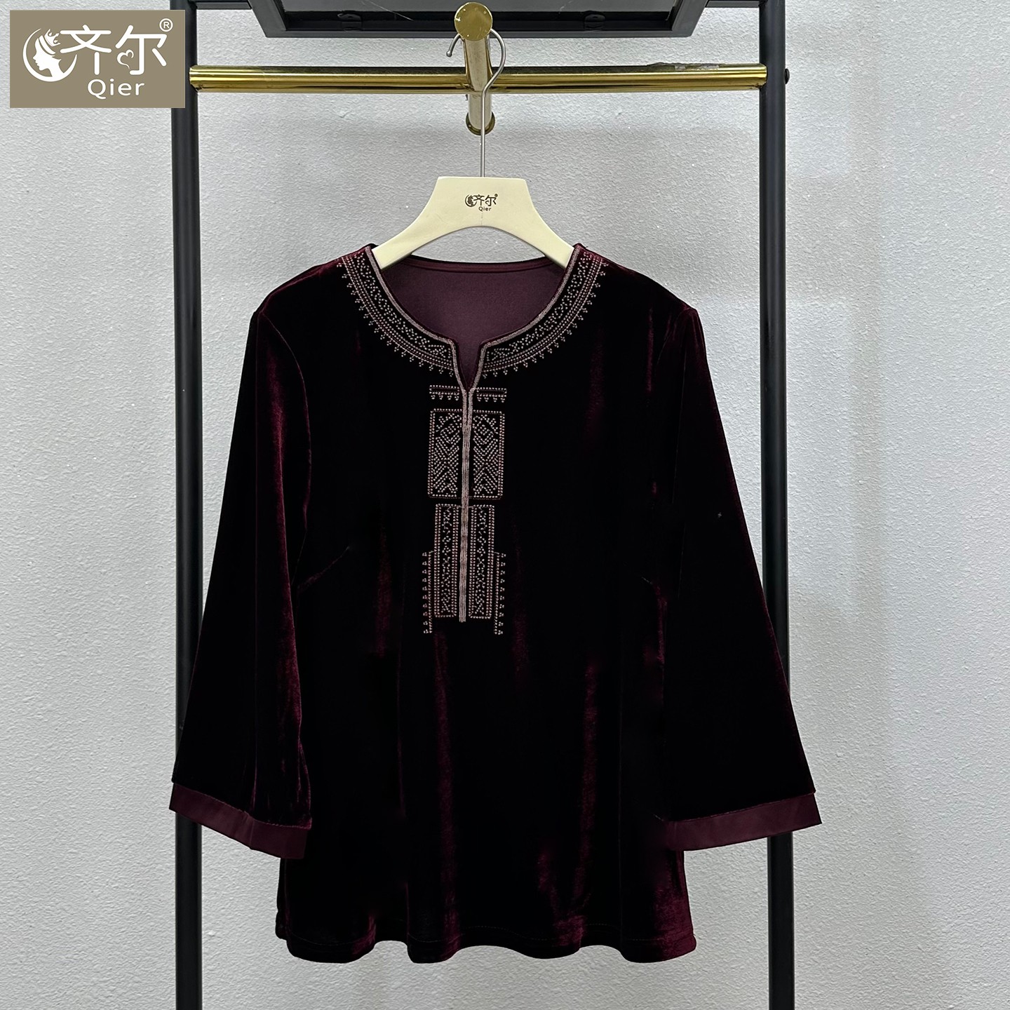 早秋新款真丝绒上衣妈妈装刺绣拼接衬衫中式显瘦百搭中年打底衫女