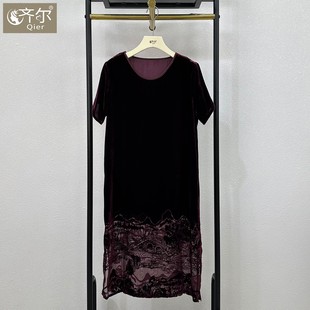 大牌真丝丝绒烧花短袖 圆领宽松显瘦气质直筒连衣裙女夏薄款 妈妈装