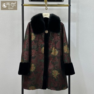 妈妈冬装羊剪绒外套高端中长款皮草中老年水貂绒皮毛一体大衣大码