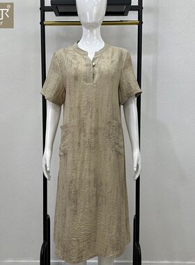 中年妈妈夏装棉麻连衣裙2025新款宽松大码气质洋气短袖直筒裙子女
