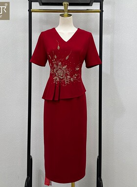喜婆婆婚庆礼服红色年轻妈妈装高端假两件套旗袍夏季短袖连衣裙