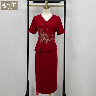 喜婆婆婚庆礼服红色年轻妈妈装高端假两件套旗袍夏季短袖连衣裙