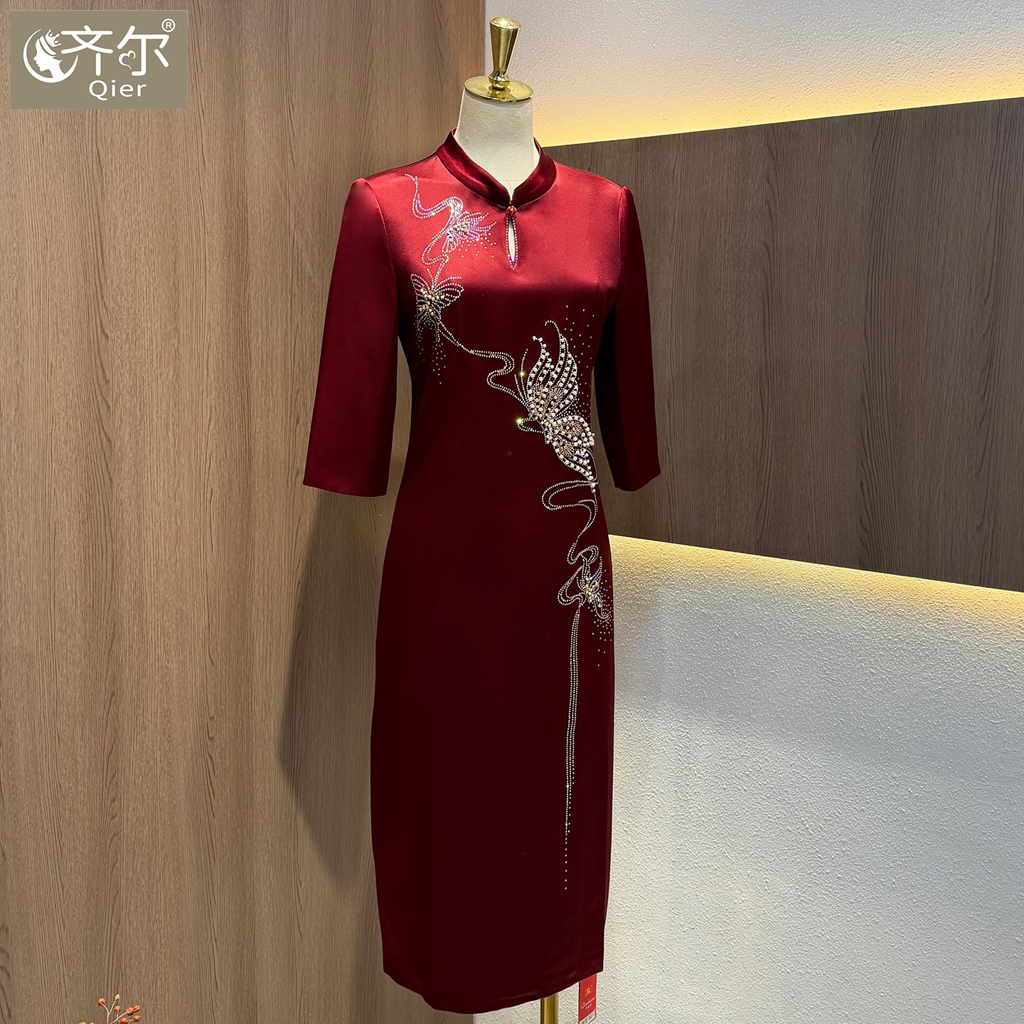 高贵气质喜婆婆婚宴装七分袖妈妈礼服中式改良旗袍醋酸缎连衣裙