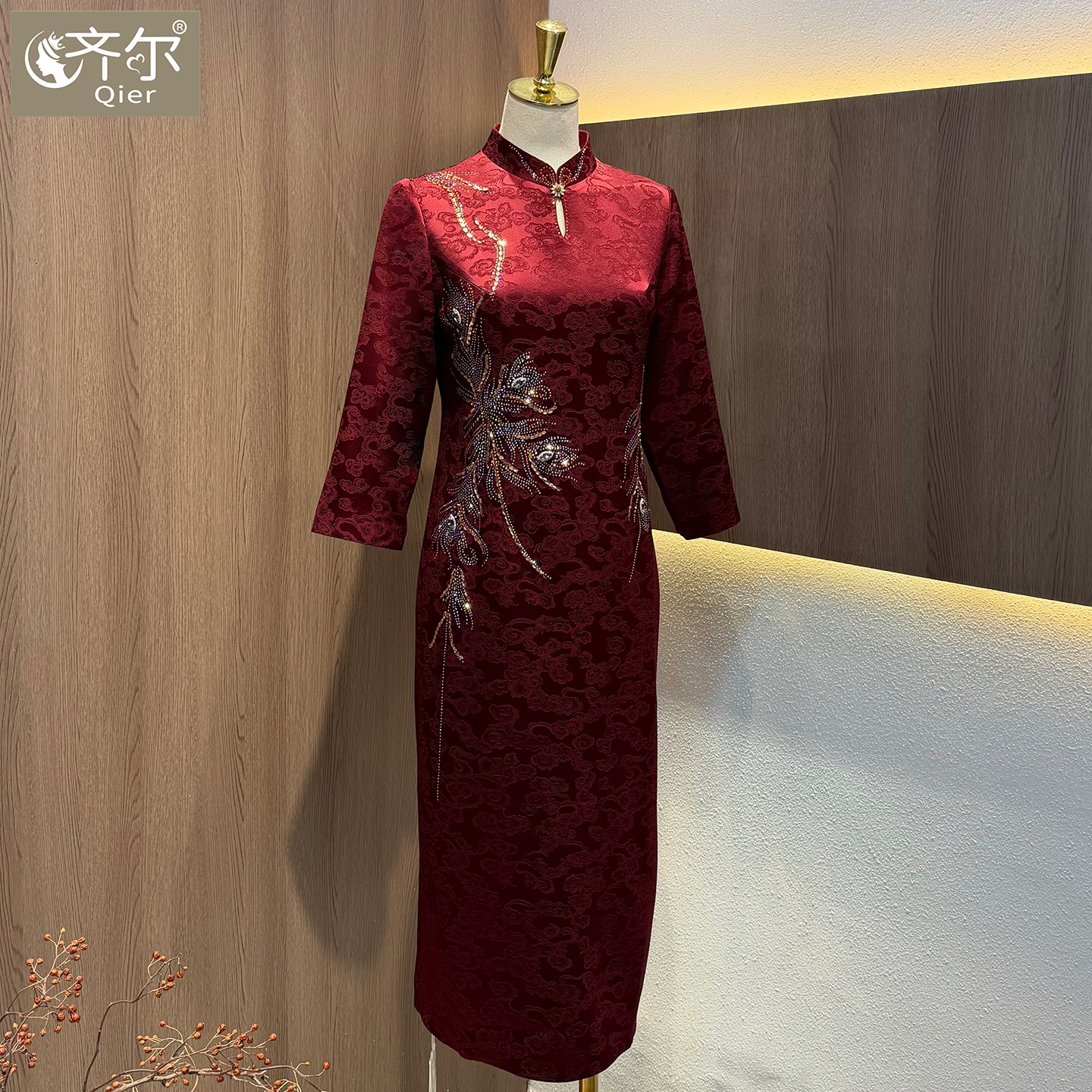 喜婆婆婚礼秋季高端醋酸旗袍婚宴会礼服中长裙妈妈提花刺绣连衣裙