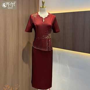 高端喜婆婆婚宴装短袖洋气结婚妈妈婚礼礼服小个子气质假两件