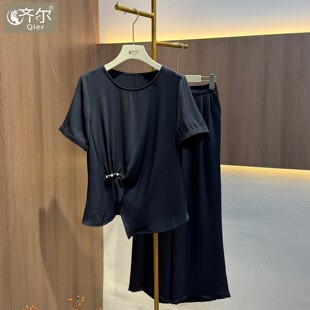 时尚妈妈夏装气质收腰短袖上衣两件套女2026新款洋气大气显瘦套裤