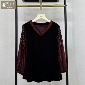 气质真丝绒上衣女洋气V领烫钻T恤大码妈妈装打底衫直筒裤两件装
