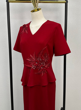 喜婆婆婚宴礼服年轻款红色高贵气质妈妈喜服夏季假两件套裙显瘦