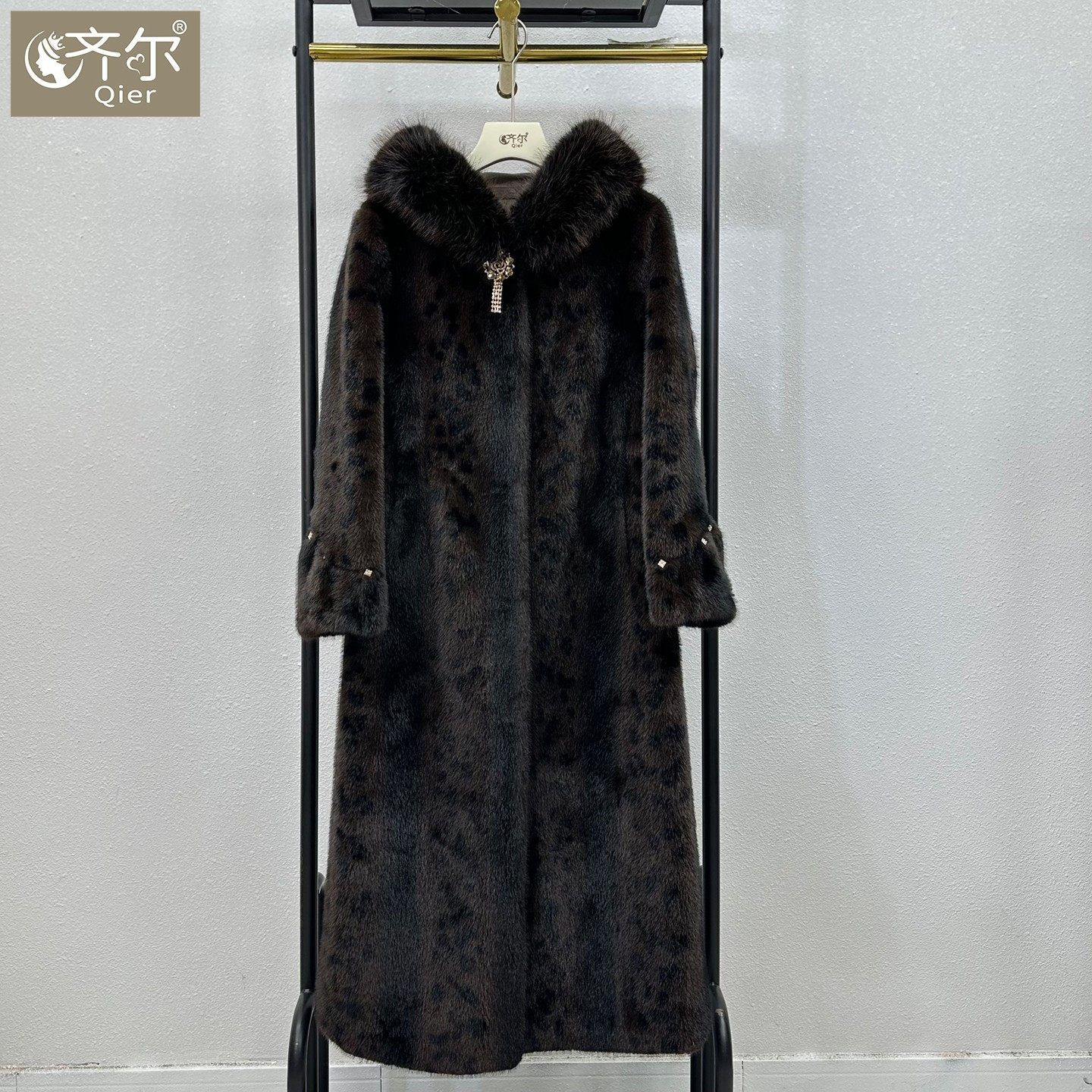 新款豹纹水貂绒大衣女装中长款大毛领连帽皮毛一体妈妈中老年外套