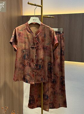 妈妈夏装套装新中式时尚中年女装复古气质短袖阔腿裤休闲两件套女