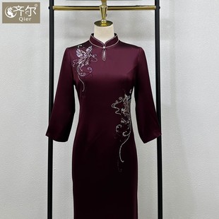 醋酸高端旗袍中式喜妈妈喜婆婆礼服婚庆晚宴参加婚礼小个子连衣裙