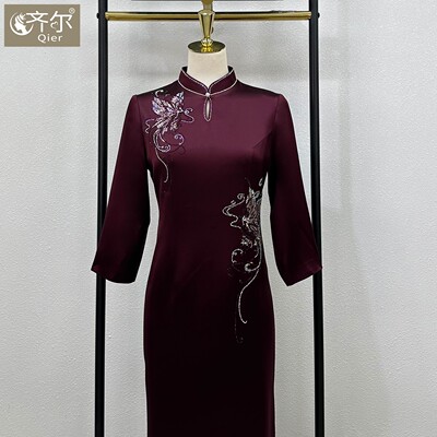 醋酸高端旗袍中式喜妈妈喜婆婆礼服婚庆晚宴参加婚礼小个子连衣裙