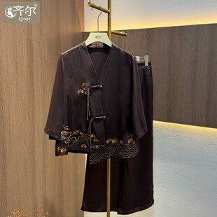2026夏季新款香云纱两件套中年妈妈云锦缎上衣刺绣阔腿裤套装