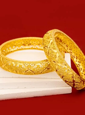 婚庆喜庆金镯子跨境手镯中东波西米亚风金手镯宽边款四叶草手镯