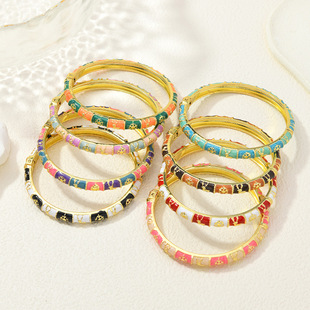 新中式中国风彩绘珐琅滴油手环复古宫廷花卉系列开口粉红色手镯女