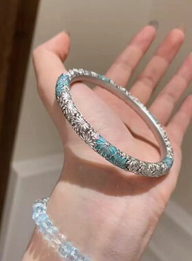 新款雏菊珐琅彩手镯圆棍实心镯子新中式设计百搭女生合金镀银手镯