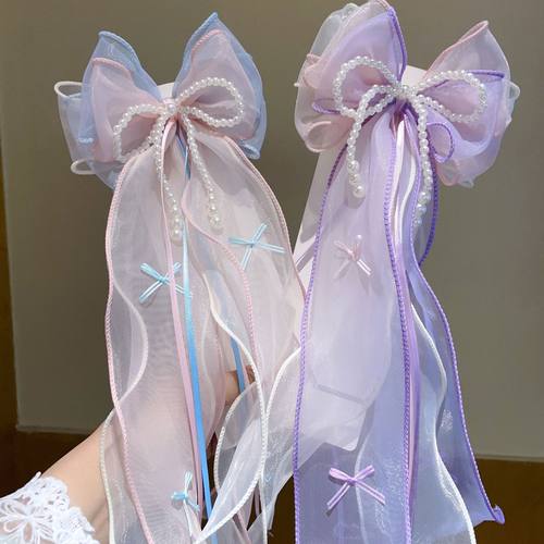 飘带款气质珍珠蝴蝶结奶油配色女童发饰大后压头饰原创欧根纱顶夹