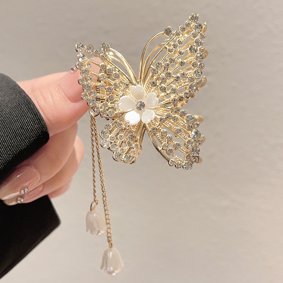 新中式水钻流苏蝴蝶抓夹女后脑勺半扎发发夹古风汉服高级感发卡