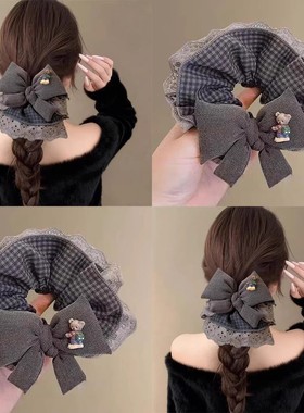 设计感灰色蕾丝格纹蝴蝶结四层大肠发圈女扎头发丸子头低马尾发绳
