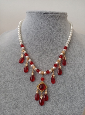 项链红色水滴汉服璎珞琉璃吊坠宫廷古装摄影配饰女珍珠清新甜美