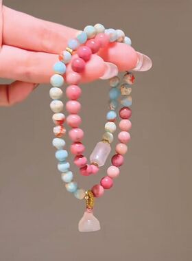 寿山石双圈手链红纹石水晶手串女士精致莲蓬好运珠手串中式手链