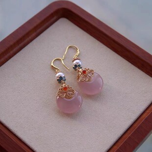 新中式若春风兰亭别院原创粉偏心圆耳饰春款平安扣耳环无耳洞耳夹