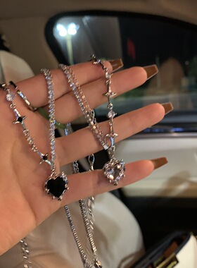 甜酷辣妹镶钻爱心芒星项链时尚创意设计感锁骨链冷淡风项坠项饰女