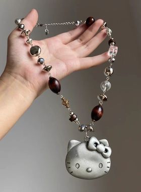 中古小众银色Kitty猫串珠绳长款项链女生可爱轻奢学生项链设计感