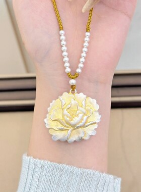 新款描金牡丹花银色珠子吊坠精美项链复古百搭新中式花朵锁骨链女