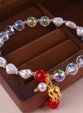 女生琉璃手链水晶仿珍珠手链流苏金色花朵七彩水晶学生手链礼物