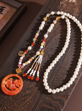 中式古法旗袍璎珞项链项圈长流苏背云长款白色贝珠毛衣链新配饰女