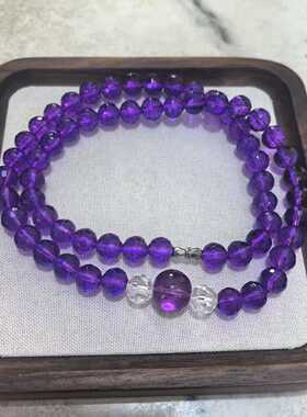 仿乌拉圭紫天然紫水晶项链女生精致高级感百搭三圈紫色玻璃珠项链