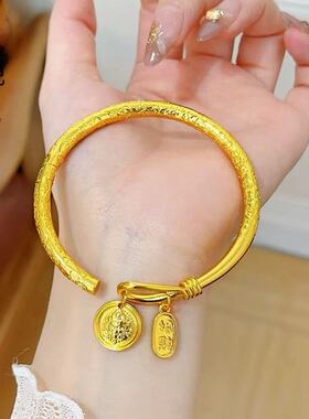 铜镀金喜庆金镯子吉言平安吉祥手镯实心大吉大利开口镯子手工錾刻