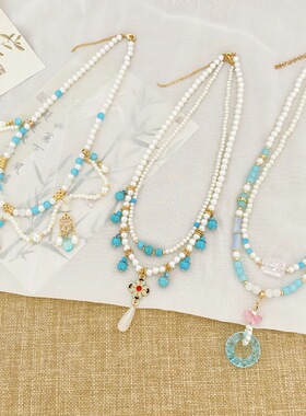 汉服软璎珞蓝色古风项链仙气流苏颈链双层宋制围髻古装坦领配饰女