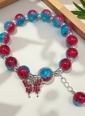 10mm爆花琉璃点钻蝴蝶手链流苏串珠手串女生古风流苏手链学生手串