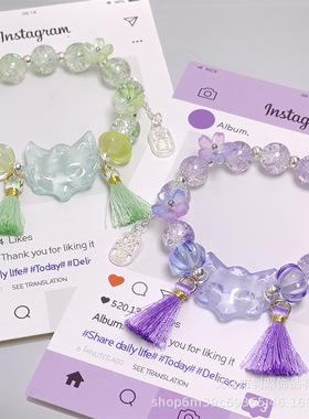 玻璃水晶手链森系彩色流苏桃花灵狐面具手链学生女孩古风手链礼物