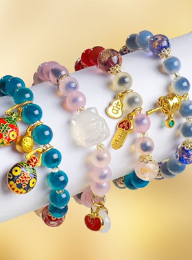 寺庙同款糖心玛瑙吞金兽串珠手链女文艺复古香灰琉璃上上签手串
