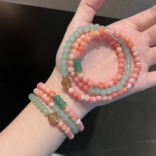 古风中式拼色玻璃珠手链多圈叠戴串珠手链女生国风精致粉色手串