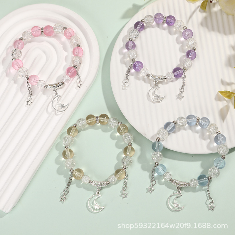 女生玻璃水晶手链星星月亮蝴蝶手链学生闺蜜手串玫瑰花冰裂爆花朵
