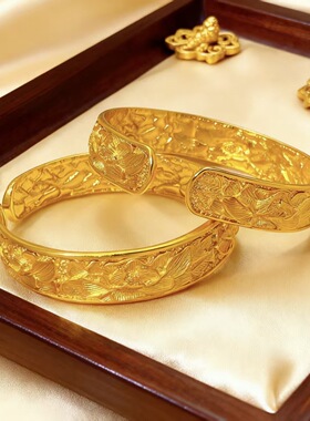 婚庆金镯子沙金饰品錾牡丹花开口手镯翡翠国潮复古牡丹花纹手镯