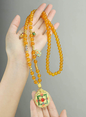 新中式复古珐琅彩圆盘串珠项链国风古风毛衣链马面裙旗袍古风配饰