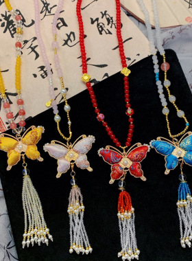 双面宋锦蝴蝶吊坠水晶挂链多色可选佛牌唐卡吊坠链汉服旗袍配链