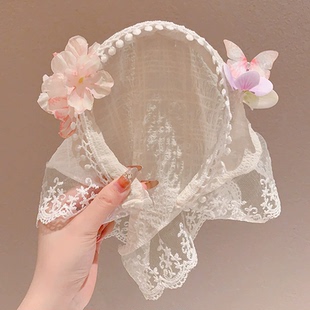 儿童仿真花三角巾丝巾发箍一体2025女童新款包头夏季海边发带头巾